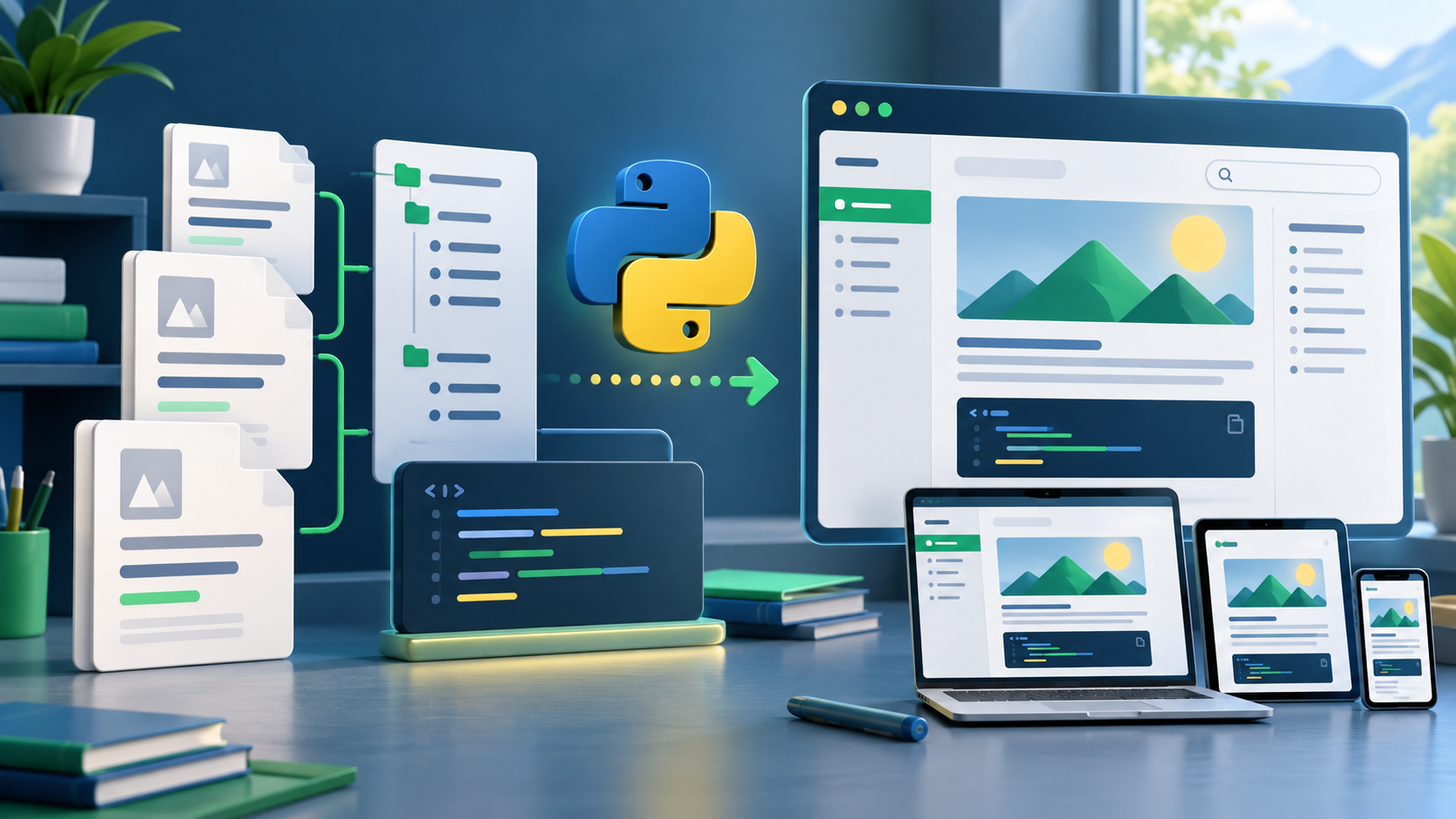 Conceptual illustration of Python organising Markdown documents into a responsive knowledge website